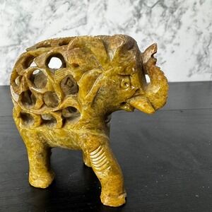 Hand Carved Soapstone Elephant Figurine with Lattice Detail, Artisan‎ Folk Art